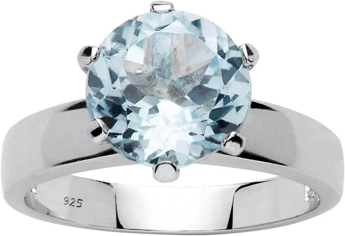 PalmBeach Sterling Silver Round Genuine Blue Topaz Solitaire Ring Sizes 5-10