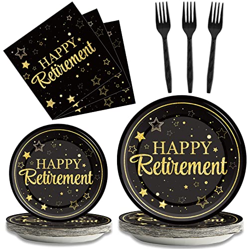 96 Pcs Retirement Party Plates Napkins Tableware Set Happy Retirement Supplies Black and Golden Disposable Dinnerware Retired Party Decoration Favors for Women Men 24 Guests
