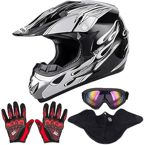 OUMURS Adult ATV Dirt Bike Helmet with Goggles Gloves & Mask Adjustable Sun Visor Motorcycle Adult Helmet Off-Road Motocross Downhill Moped MX for Unisex-Adult-New Black Flame, XL Cover