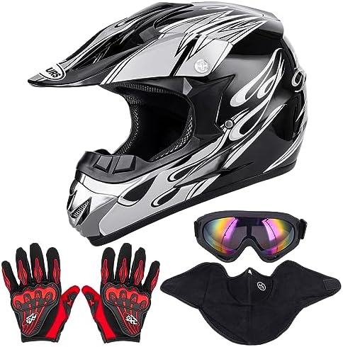 OUMURS Adult ATV Dirt Bike Helmet with Goggles Gloves & Mask Adjustable Sun Visor Motorcycle Adults Helmet Off-Road Motocross Downhill Moped MX for Unisex-Adult-New Black Flame, L