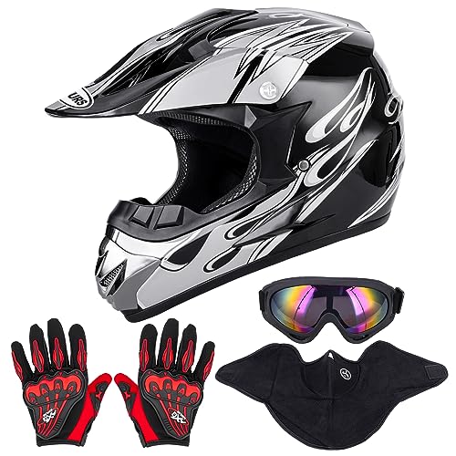 Adult Motocross Dirt Bike Helmet with Goggle, Gloves & Mask - DOT/FMVSS-218 Off-Road Motorcycle & ATV Helmet with Adjustable Sun Visor
