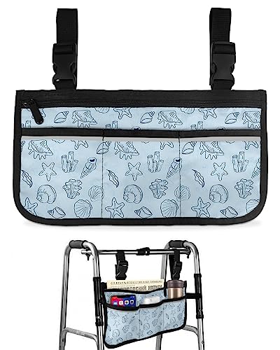 Ocean Coastal Wheelchair Side Bag Walker Bag, Starfish and Seashell Blue Marine Life Wheelchair Accessories Armrest Pouch, Organizer Storage Bag for Walkers, Rollators, Scooters, 7.3''x13''