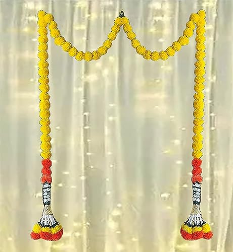Image of Tia Crafts Artificial Marigold Handmade Fluffy Flower Toran for Main Door Entrance Decoration with Jasmine & Bell for Home, Pooja Room, Festival, Diwali, Ganpati, Wedding Decor Yellow | Set of 2