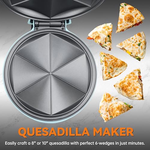 Image of Baker's Friend Electric Quesadilla Maker with Extra Stuffing Design, 9.5 Inch with Easy Slice 6 Wedge, Non Stick Surface, Non-Slip Feet, Grilled Cheese Maker Machine, Aqua