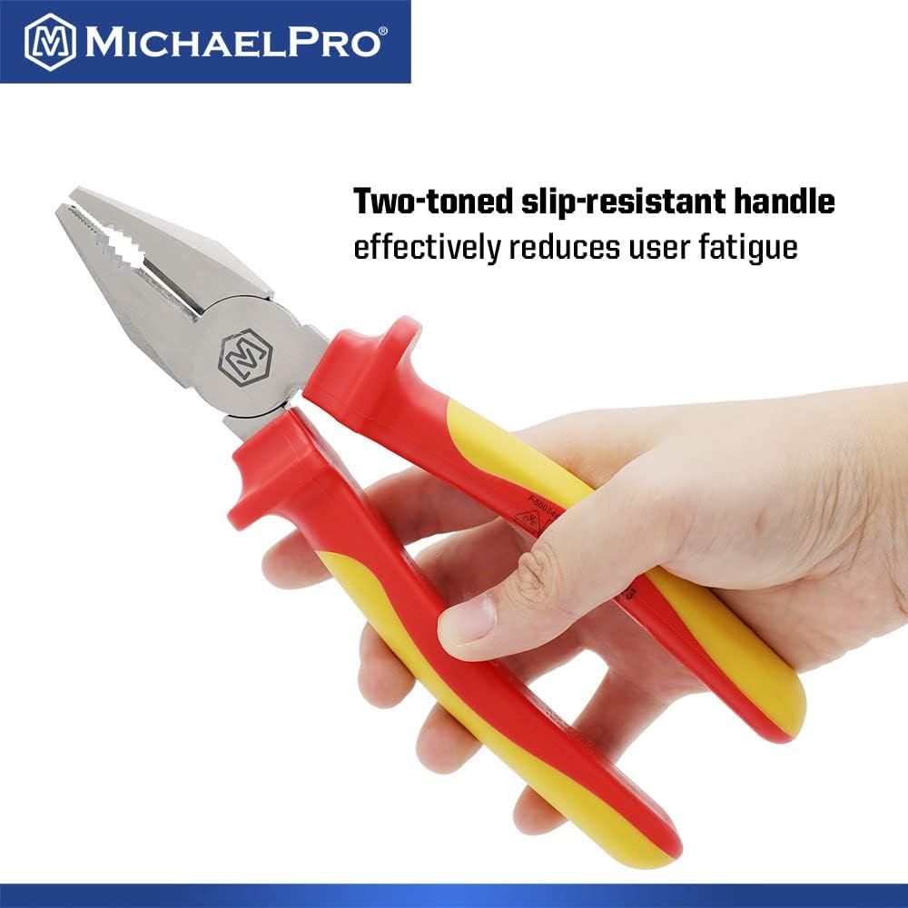 MichaelPro 8-Inch Insulated Combination Pliers, 1000V VDE Certified for Electricians and Electrical Vehicles Use, HRC58–62 Jaws, Anti-Slip Handle, Electrical Tool for Cutting and Gripping | MP003066