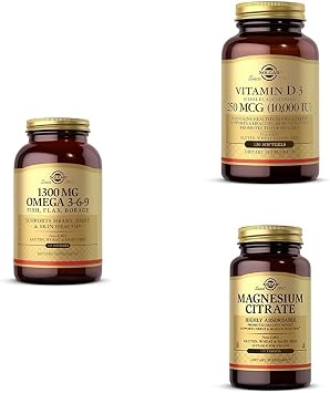 Solgar Omega-3-6-9, Vitamin D & Magnesium Bundle Omega-3-6-9-, 120 Softgels + Vitamin D3 Cholecalciferol 250 MCG 10,000 IU, 120 Softgels + Magnesium Citrate, 120 Tablets