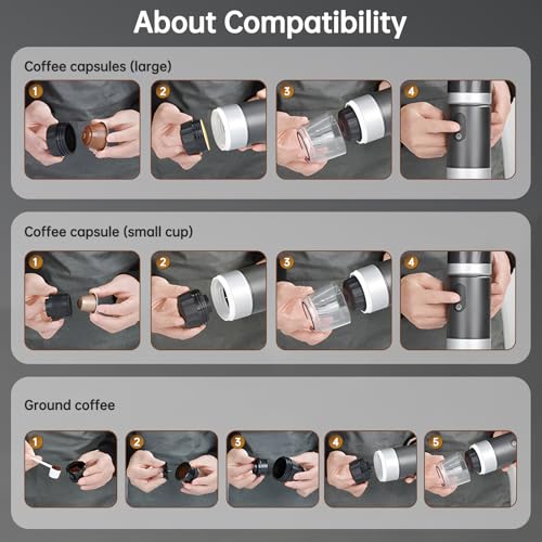 Tragbarer Espressomaschine-Auto,Elektrisch Beheizte Reisekaffeemaschine mit USB-C,Kompatibel mit NS-Kapseln und Gemahlenem Kaffee,Mini-Kaffeemaschine für Camping,Büro und Wandern (Schwarz Pro) – Bild 7