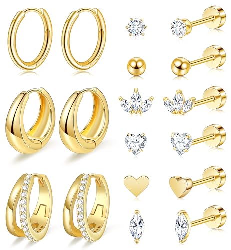 Gold Flat Back Stud Earrings for Women Hypoallergenic Surgical Stainless Steel Flatback Stud Earring Set