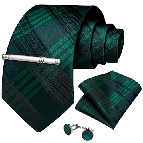 Image of DiBanGu Plaid Ties for Men Silk Checkered Necktie and Pocket Square Cufflinks Tie Clip Set with Gift Box for Wedding Business