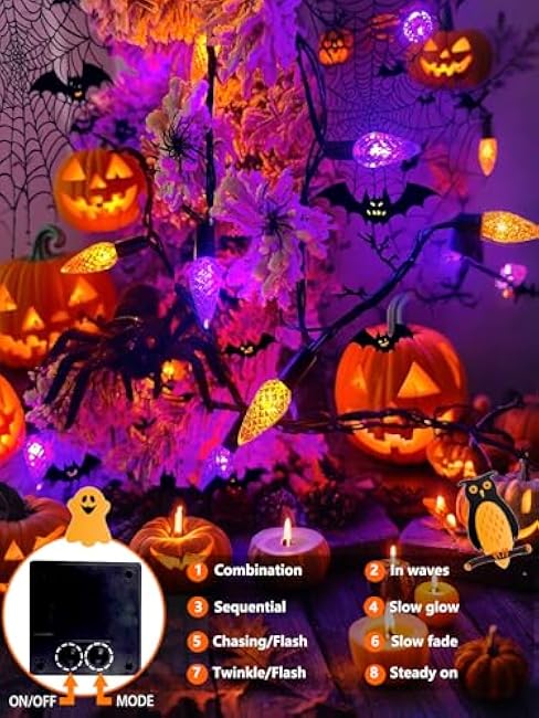 C6 Solar Halloween Lights, 50 LED 16FT Halloween Decorations Outdoor Waterproof, Solar String Lights for Outside with 8 Modes, Fairy Twinkle Light for Tree Party Garden Decor (Orange and Purple)