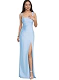 Satin Mermaid Prom Dresses for Women Long Evening Party Gown with Side High Slit Square Sleeveless Dress