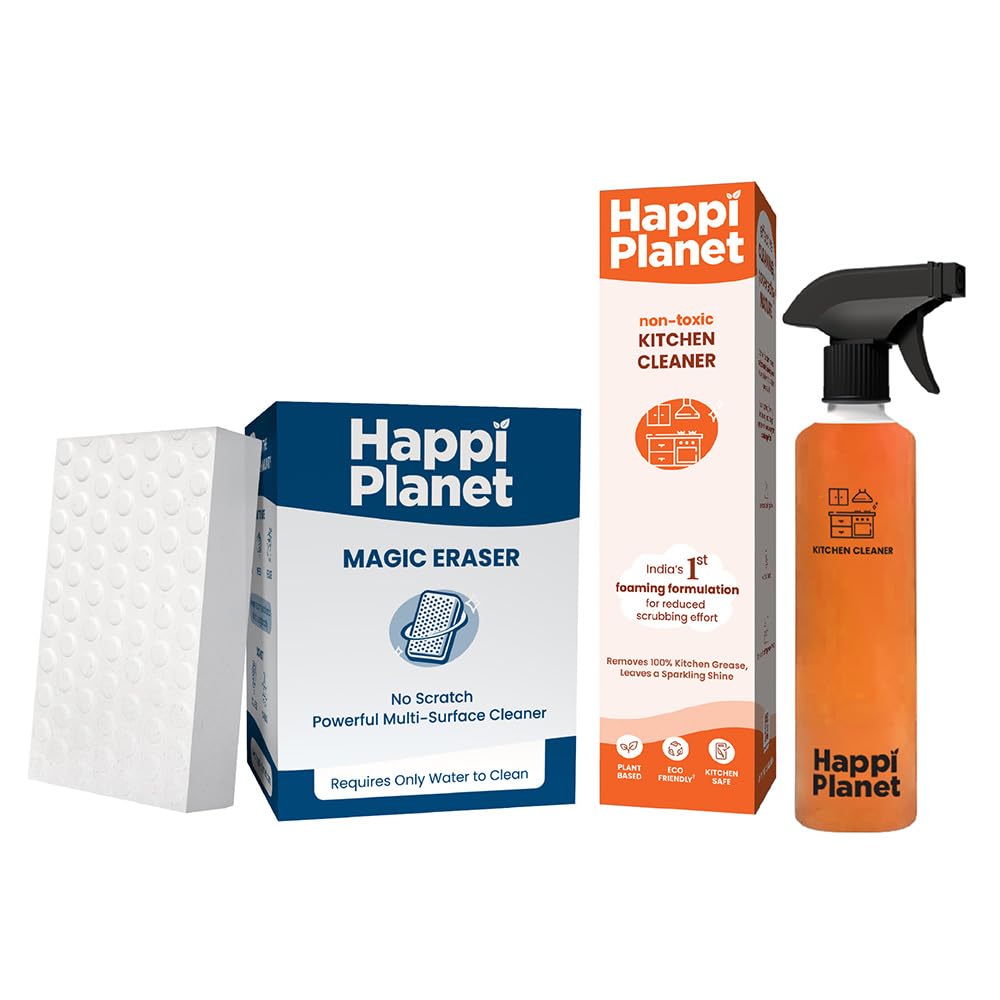Happi Planet Kitchen Cleaner Spray 500ml + Magic Eraser Pack of 4 | Foaming Cleaner & No-Scratch Sponge | Removes Tough Stains from Stoves, Chimneys, Walls, Cabinets, Kitchen & Bathroom-image-30