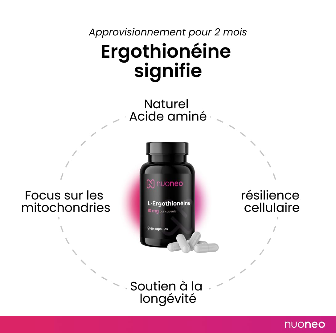 L-Ergothionéine 10 mg – 60 gélules végétaliennes pour 2 mois – Ergothionéine pour la nutrition cellulaire – Testé en laboratoire et fabriqué en Allemagne – nuoneo