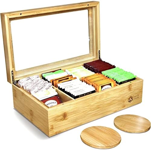 Premium High-end 100% Natural Bamboo Tea Box with 2 Coasters - Wooden Tea Organizer - Tea Bag Organizer Wooden Storage Box - 8 Adjustable Compartments - Clear Lid - Magnet Closure