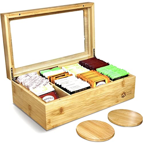 Premium High-End 100% Natural Bamboo Tea Box With 2 Coasters - Wooden Tea Organizer - Tea Bag Organizer Wooden Storage Box - 8 Adjustable Compartments - Clear Lid - Magnet Closure #TOP20
