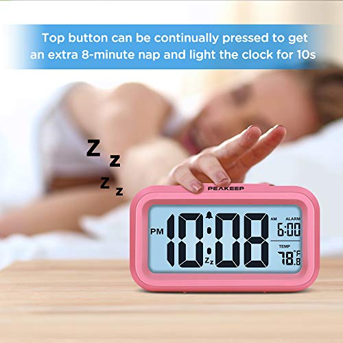 Image of Peakeep Night Light Digital Alarm Clock Battery Operated Indoor Temperature | Small Cordless Cute Clock for Bedroom Desk Travel, Simple to Use for Teens Kids (Pink)