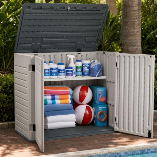 Image of EHHLY 35 Cuft Outdoor Storage Shed with 2 Shelves, Outside Storage Cabinet Waterproof with 2 Doors, Large Capacity Horizontal Garden Tool Sheds for Bike, Trash, Lawn Mower and Tools
