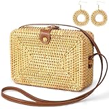 LHMTQVK Handwoven Rattan Purses for Women Summer Beach Boho Shoulder Bags Woven Crossbody Straw Purses with 1 Pair Rattan Earrings(Square), Brown
