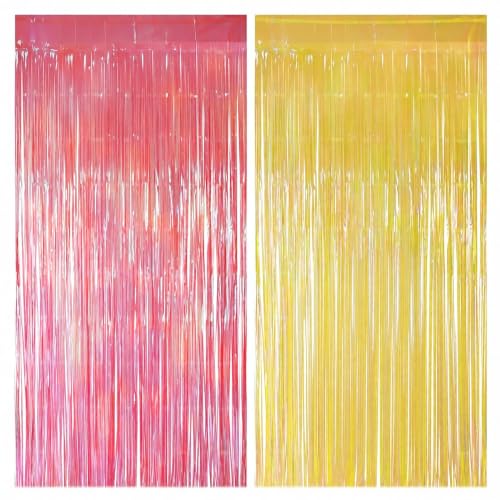 2 Pack Pink & Yellow Party Decorations, 3.3 x 8.2 ft Fringe Backdrop