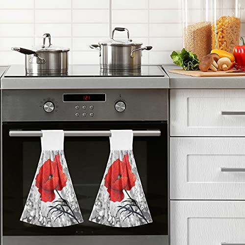 Oil Paintings Red Poppy Flower Hand Towel 2Ps Vintage Grey Board Hanging Tie Towels With Loop For Kitchen Dish Towel Bathroom Absorbent Washcloth #TOP4