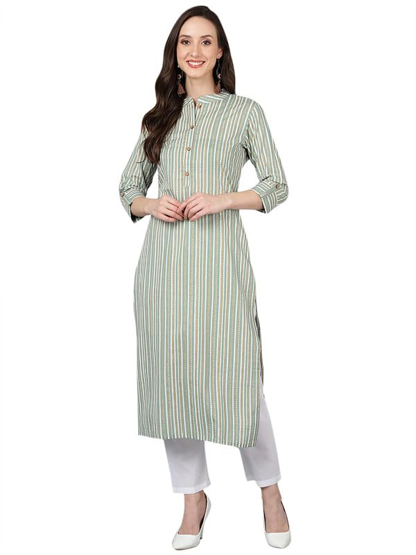 Image of Vaamsi Women's Cotton Striped Printed Kurta (VCK8769 Green)