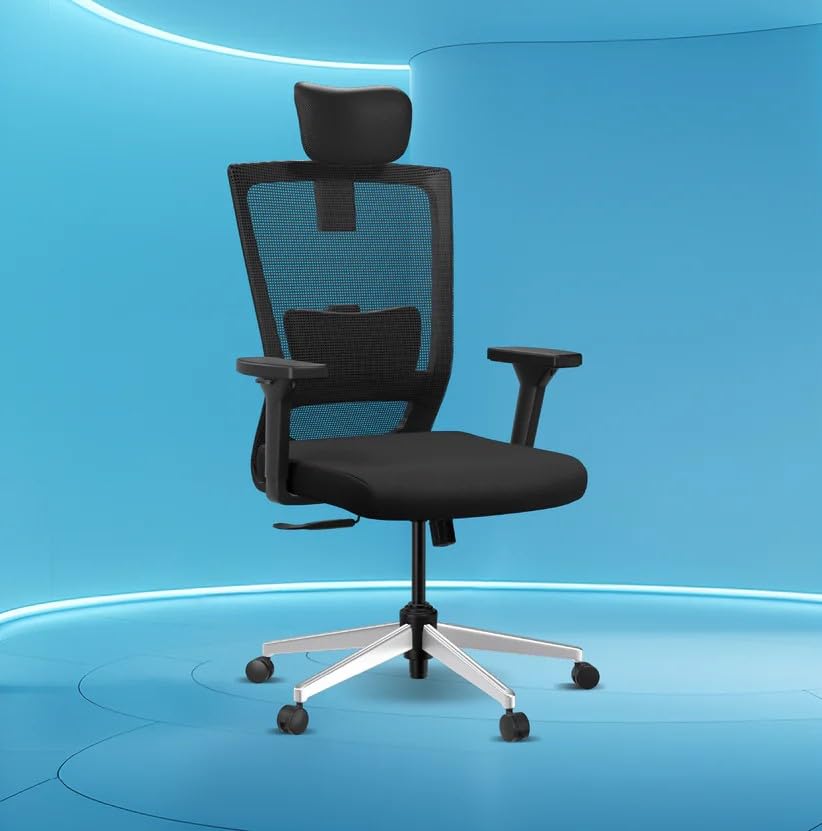 The Sleep Company Stylux Premium Ergonomic Office Chair | Patented SmartGRID seat | SpinePro Lumbar Support | Work, Home, Study | Adjustable Armrests Headrest | Free Installation| Black