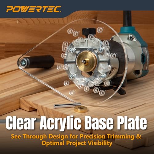 Image of POWERTEC Offset Base Plate for Trim Routers Edge Profile Tool - Fits Listed Models of Bosch, DeWalt, Makita, Porter-Cable, Ryobi, Milwaukee, Ridgid - Clear Acrylic Sub Base w /Handle & Screws (72146)