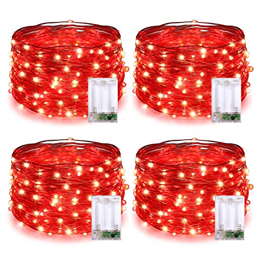 JMEXSUSS 4 Pack 50 LED Red Fairy Lights Battery Operated, 16.1ft Christmas Fairy Lights, Red String Lights for Bedroom W - Detailed View