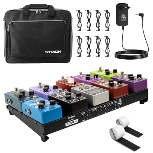 STRICH Tabla de pedal de guitarra con fuente de alimentación integrada, placa de pedal de 15 x 7.8 pulgadas, aleación de aluminio ligera, pedalboard con cables de pedal, bolsa, tiras de gancho PB-MP15