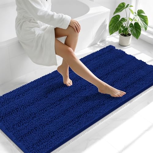 Image of Smiry Thick Chenille Bathroom Runner Rugs 59x24, Absorbent Bath Mat, Navy | Quick‑Dry & Machine Washable, Non‑Slip Bath Carpet, Soft Striped Bath Rugs for Tub & Shower, Modern Home Decor Accessories