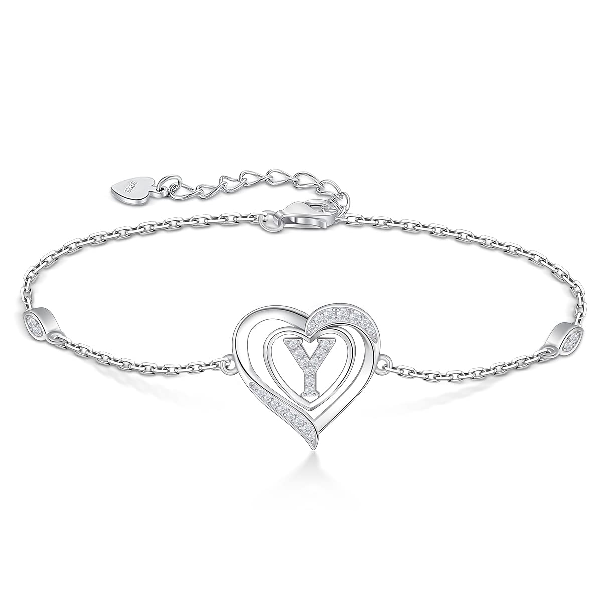 RIVIKO Heart Initial Bracelets for Women,925 Sterling Silver Letter Bracelets, Personalized Charm Alphabet Jewelry Valentines Christmas Mother’s Day