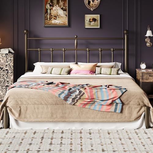 Image of SHA CERLIN King Size Metal Platform Bed Frame with Victorian Vintage Headboard /Under Bed Storage /No Box Spring Needed /Easy Assembly /Noise Free /Mattress Foundation /Gold