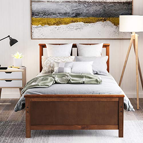 Meritline Twin Bed Frame, Wood Platform Bed With Headboard And Footboard, No Box Spring Needed, Walnut #TOP1