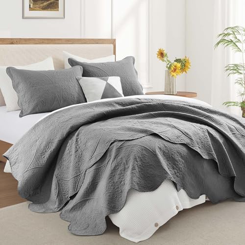 IR Imperial Rooms King Quilt Bedding Set Size (106" x 96") + 2 Pillow Shams (20" x 36"+ 2") - 3 Pcs All Season Lightweight Reversible Microfiber Coverlet Floral Embossed Quilt Bedspread (Grey)
