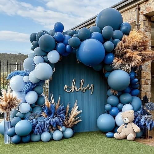 Image of Dusty Blue Balloon Arch Double Stuffed Light Dark Blue Balloons Different Size Blueberry Balloon Garland Kit for Baby Shower Birthday Wedding Bridal Graduation Party Decorations