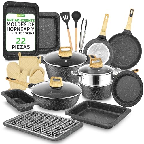 Nutrichef bateria de cocina, Antiadherentes, 22 piezas, Profesional, Resistentes al calor