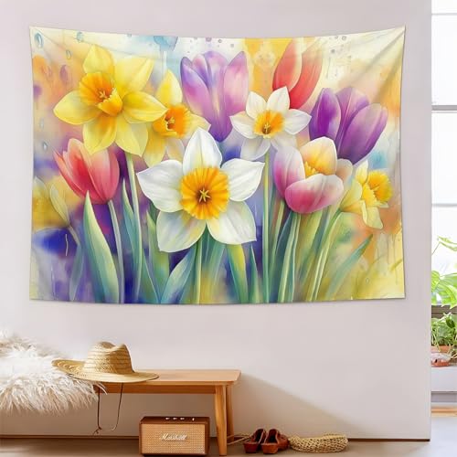 Tapiz de pared con tulipanes y narcisos, cuadro estético psicodélico para dormitorio