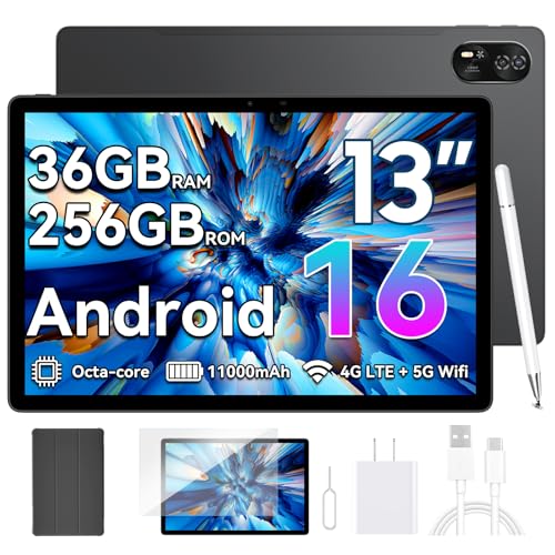 Blackview Android 16 Tablet with 36GB RAM + 256GB ROM (2TB TF), 13 Inch Gaming Tablet with 50MP + 13MP Dual Camera, 5G WiFi 2K FHD Large Display, WideVine L1, Octa Core T620, 11000 mAh