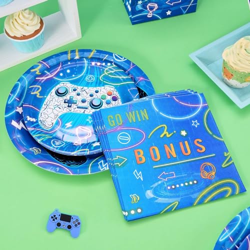 Wernnsai 64 Pcs Video Game Party Supplies Set Gaming Party Decorations Disposable Party Dessert Plates Napkins Forks Tableware Set For Boys Gamer Birthday Party Gamepad Decor Serves 16 Guests thumb #4