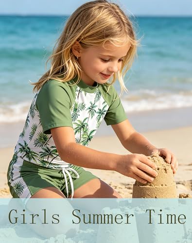 Image of Lovekider Girls Swimsuits Two Piece Rash Guard Set Short Sleeve Bathing Suit Liner Swimwear with Sun Protection 3-12T