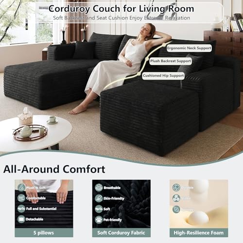 Image of Boneless Cloud Couch Comfy Sectional Couches for Living Room,U Shaped Sofa Couch in a Box with Ottoman Deep Seat Memory Foam Compressed Sofa(Black, 95 inch Left Facing Chaise)