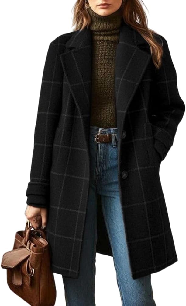 Long Plaid Wool Coats for Women Fall Winter Trench Coat Casual Blazer Jacket Peacoat Cardigan Overcoat