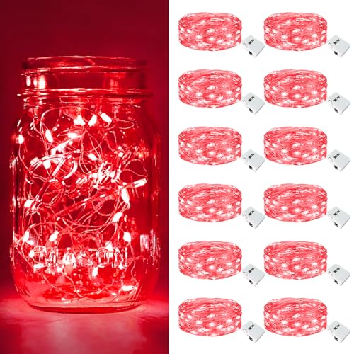 btfarm Lot de 12 Mini Guirlande LED à Pile, 2M 20LED 3 Modes Pile, IP65 Étanche Petite Guirlande Lumineuse Led Interieur Décoration pour Saint-Valentin, Rouge