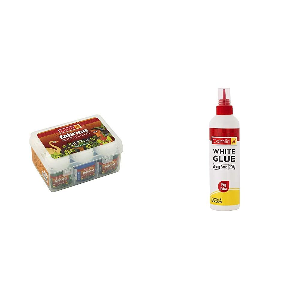 Camlin Kokuyo Fabrica Acrylic Ultra Colors - 10Ml Each, 6 Shades & Camlin Strong Bond Glue (White) 200G With 15G Extra
