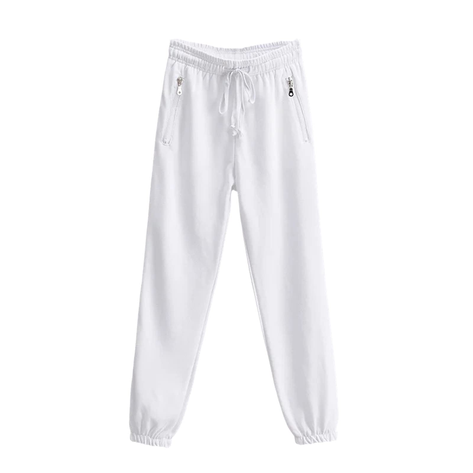 Pantaloni da donna con cerniera, orlo a costine, elastico in vita, con coulisse, con tasche, bianco, Large Lungo