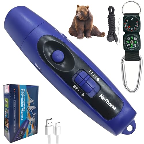 Rechargeable Bear Horn to Scare Bears, 125dB Electronic Air Horn with LED Flashlight & Compass & Thermometer, Electronic Whistle Bear Bells for Safety Hiking Camping Emergency Self Defense (Blue)