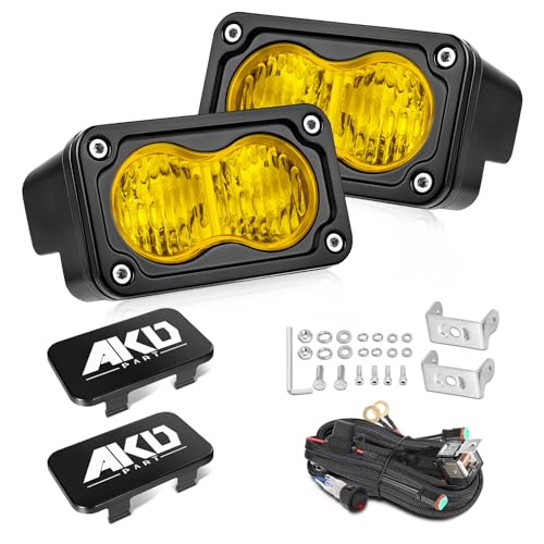 Image of 3 inch 40W Yellow Flood LED Pods with Wiring Harness & Black Covers | High Intensity CREE LEDs Yellow Fog Lights Small Chase Lights 2 Packs for Trucks Motorcycle SUV UTV ATV Dirt Bike