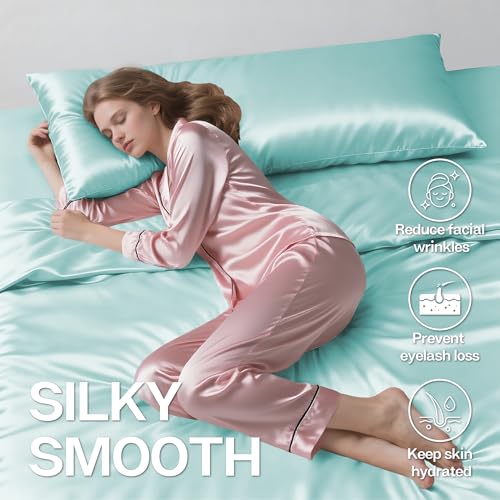 Image of MR&HM Satin Body Pillow Cover, Soft and Breathable Body Pillow Case with Envelope Closure, Cooling and Silky Long Pillowcase for Hair and Skin,Grey (20x54, Turquoise)