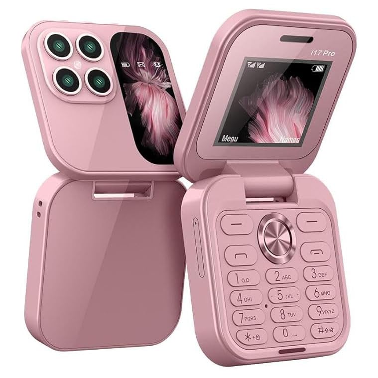 Mini Small flip Mobil Cell Phone Star i 17 Bluetooth Handset 0.66 inch Unlocked Bluetooth Earphone Dialer Support SIM Card (Pink)