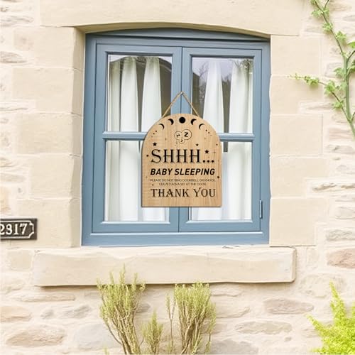 Image of Gwisml Baby Sleeping Sign for Front Door,Please Do Not Knock Or Ring Doorbell Wood Sign,No Soliciting Sleeping Baby Wood sign for House Nursery Door Knob Decor 1